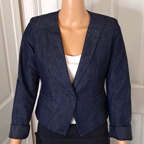 Halogen Fitted One Button Blazer with a Denim Look - Picture 1 of 7